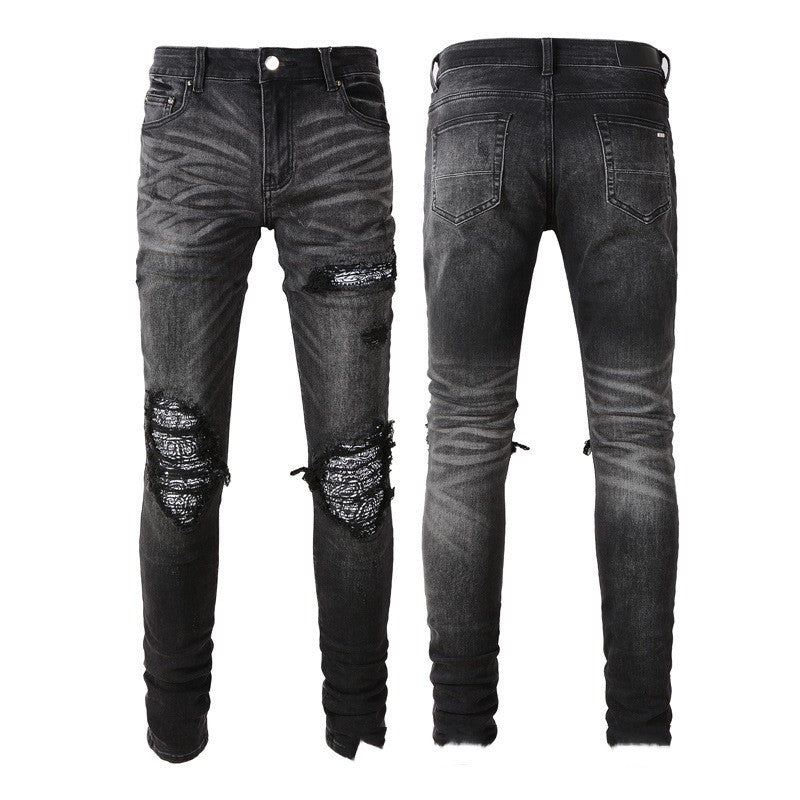 Paisley Slim Fit Skinny Pants Men's Ripped Jeans