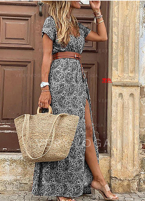 Bohemian Style Waist Trimming Printing Maxi Dress