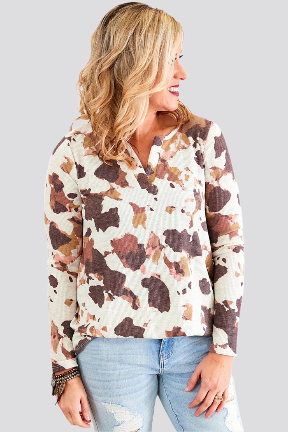 Cow Pattern Half Cardigan Long Sleeved Casual Loose Padded Blouse Women