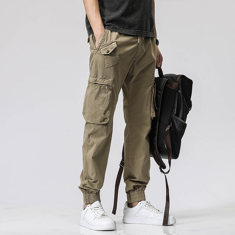 Casual Pants Trendy Brand Elastic Waist Men's Youth Simple Pure Cotton Multi-pocket Work Pants Trousers Ankle-tied