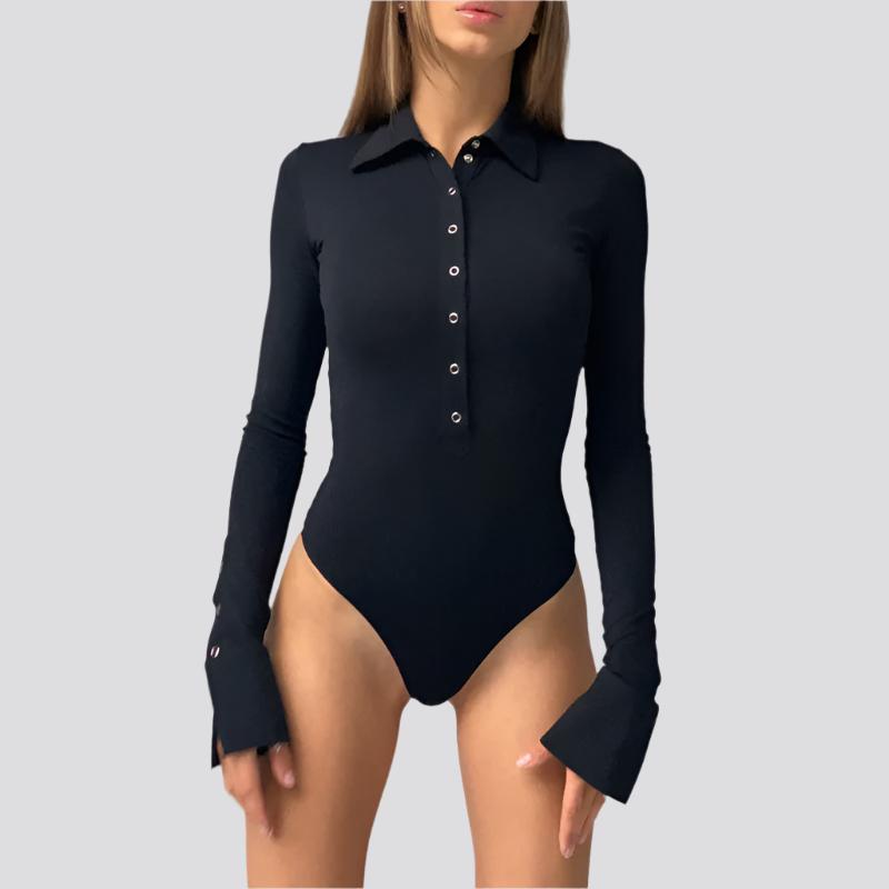 Women's Fashionable Temperament Polo Collar Half Button Slim-fit Long-sleeved Jumpsuit