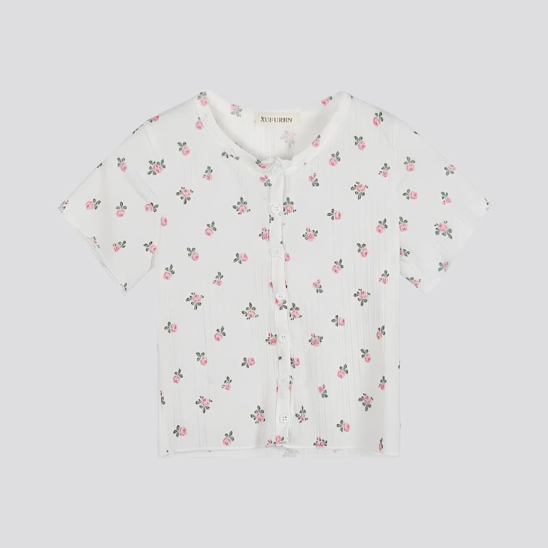 Little Flower Summery Crop Top With Buttons Kawaii T-Shirt Women