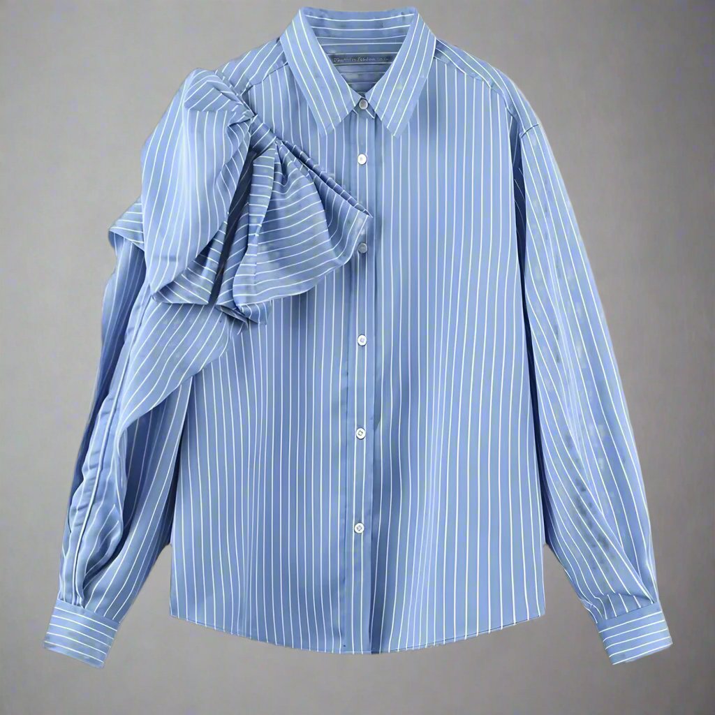 Casual Blue Striped Shirts For Women Lapel Long Sleeve Korean Bowknot Patchwork Blouses