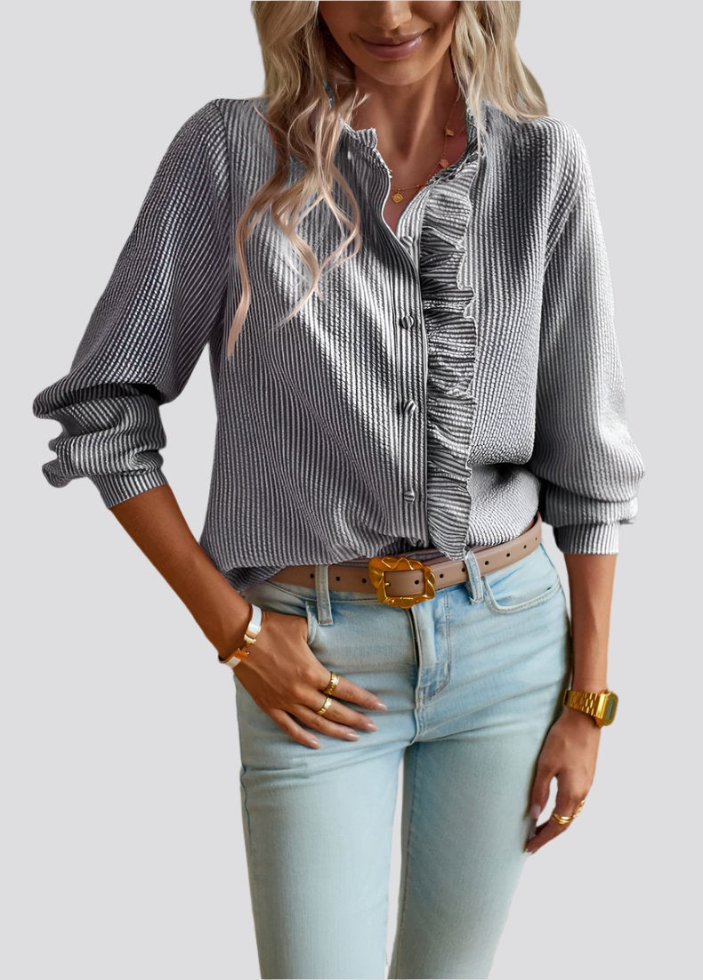 Striped Long Sleeve Shirt Fashion Ruffle Design Button Up Tops Casual Office Blouse Elegant Commuting Women's Clothing