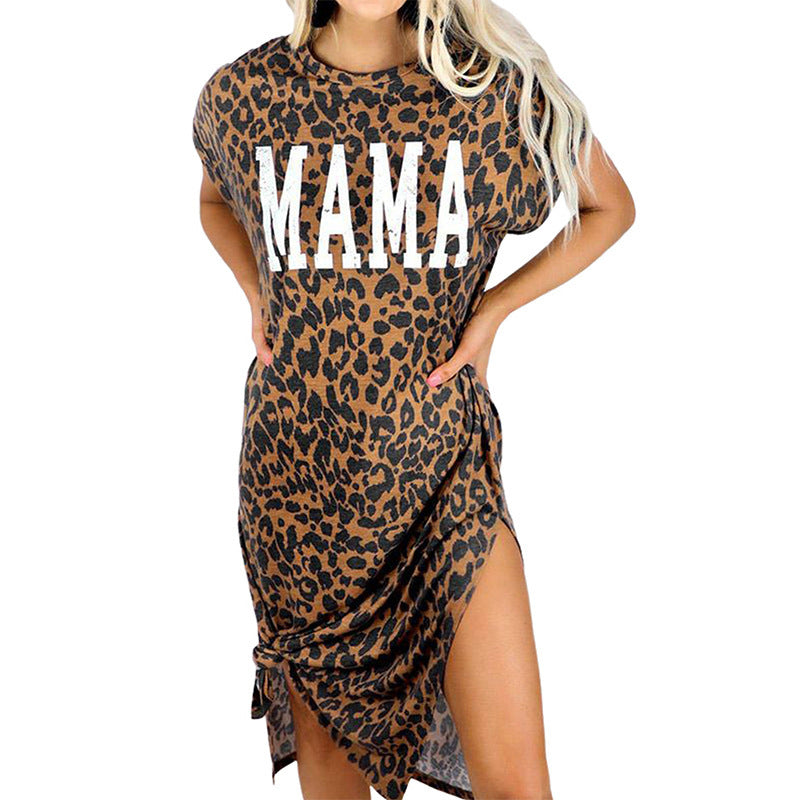 Leopard Print Crew Neck Split Midi Dress