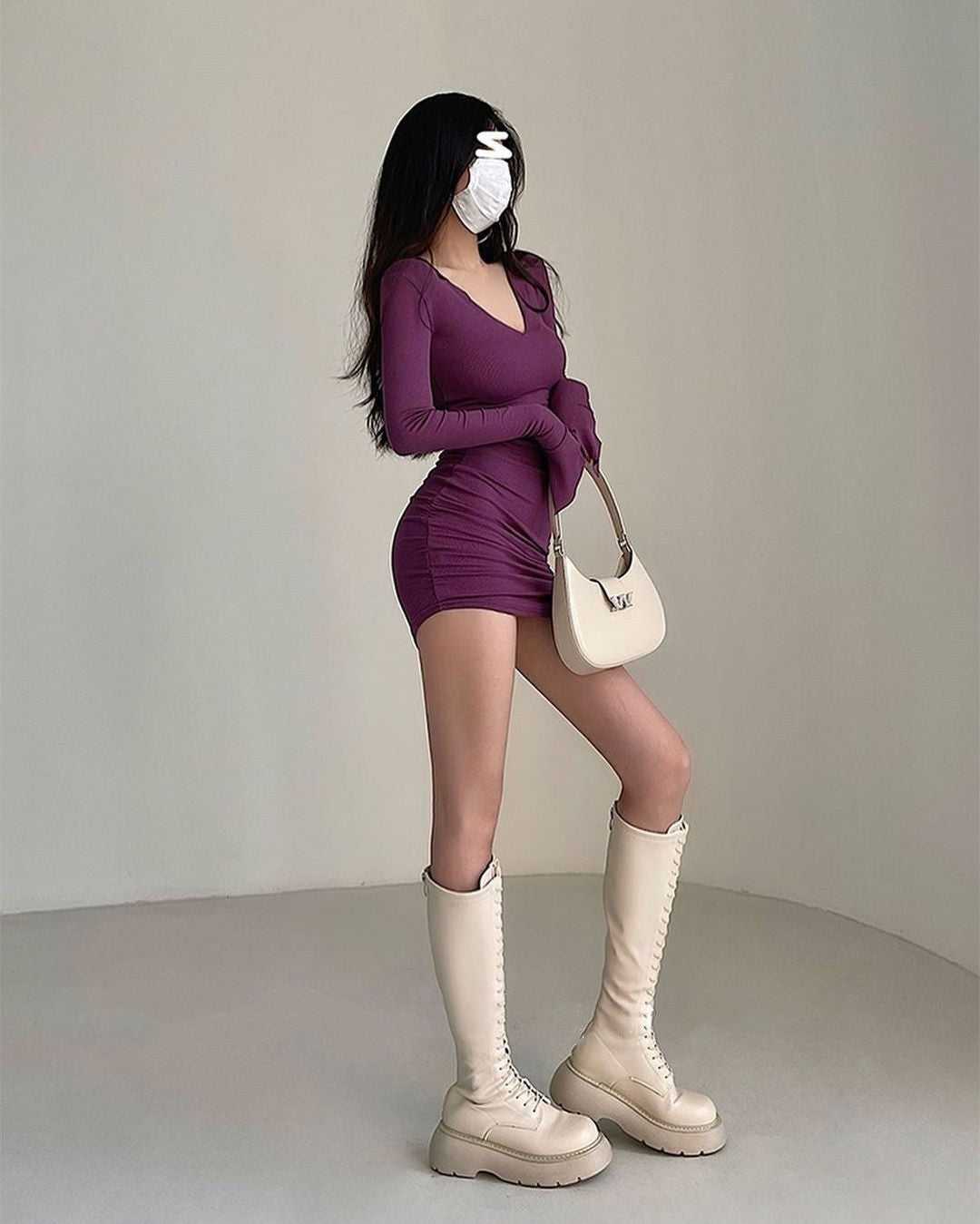 Women's V-neck Cinched Bodycon Long Sleeve Knitted Dress