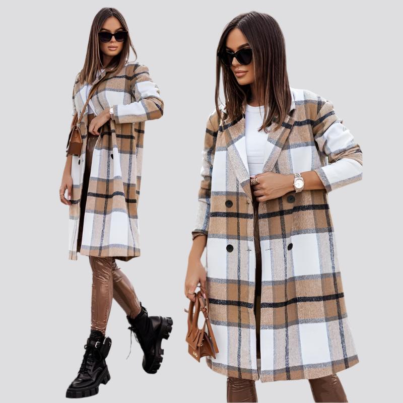 Fashio Women's Mid-length Plaid Print Coat