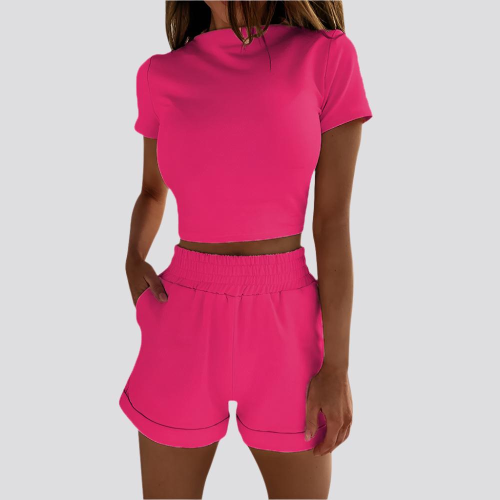 Casual Short Sleeve High Waist Crop Shorts Fashion Set