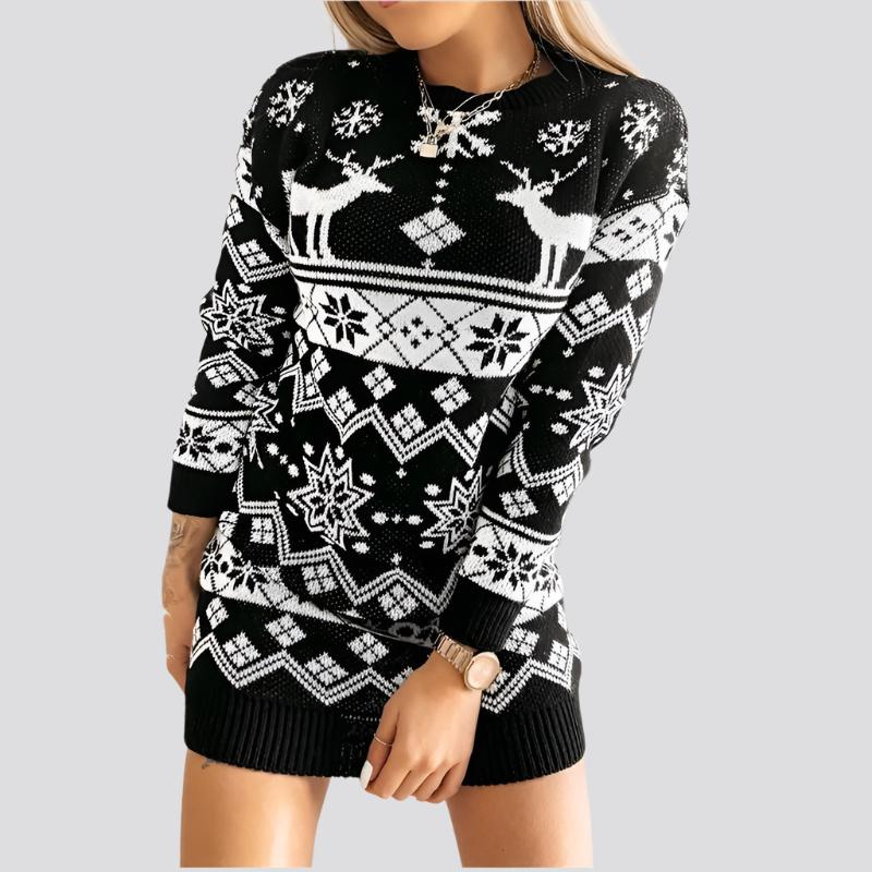 Elk Snowflake Christmas Jacquard Knitted Dress Long Knitted Sweaters