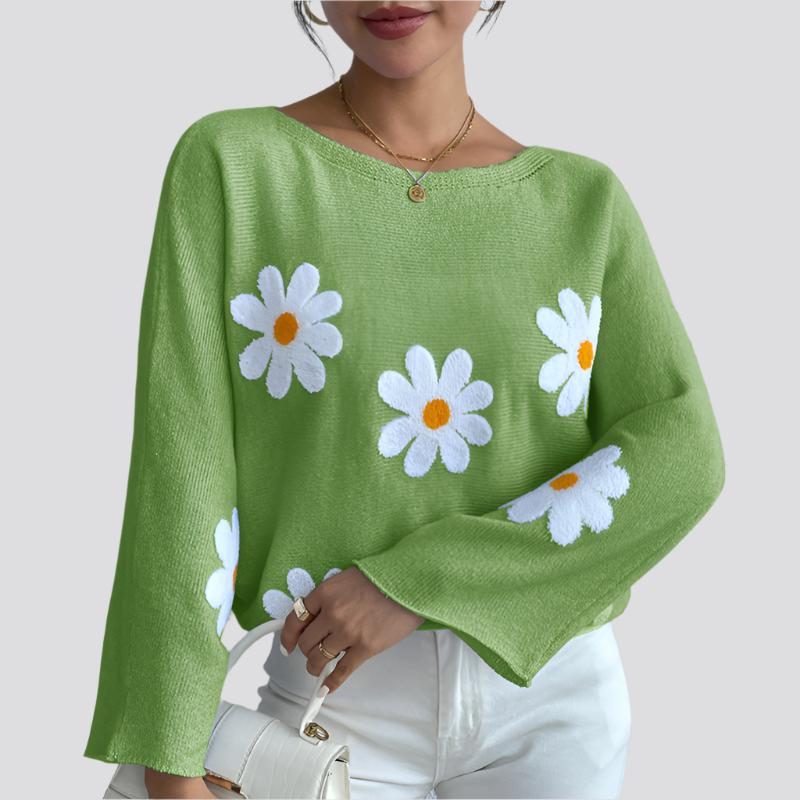 New Loose Bat Sleeve Sweater For Women Tops Embroidered Flower College One-shoulder Sweater