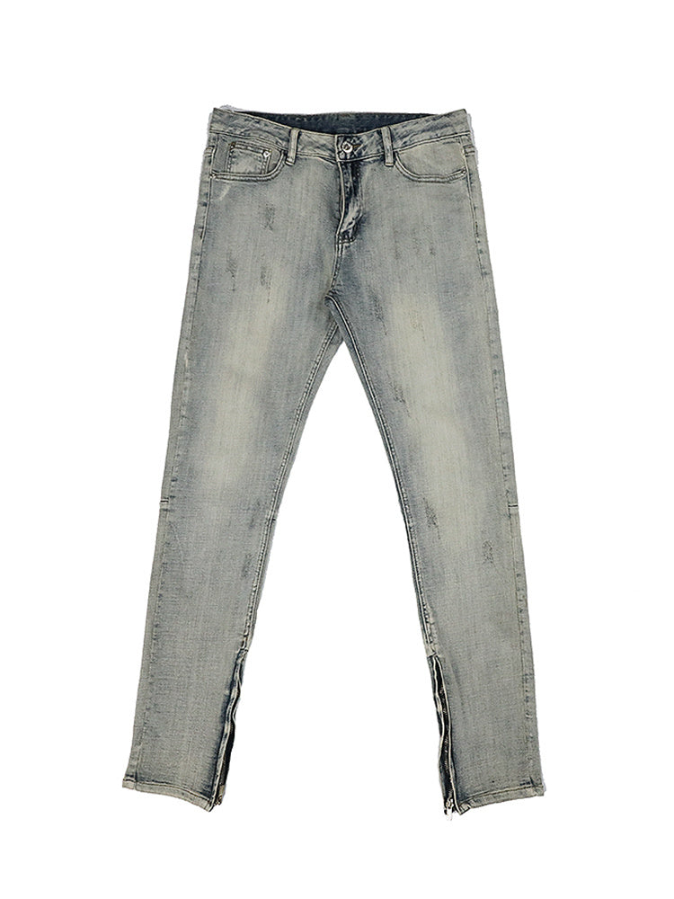 Washed And Distressed Yellowed Stretch Slim-fit Jeans