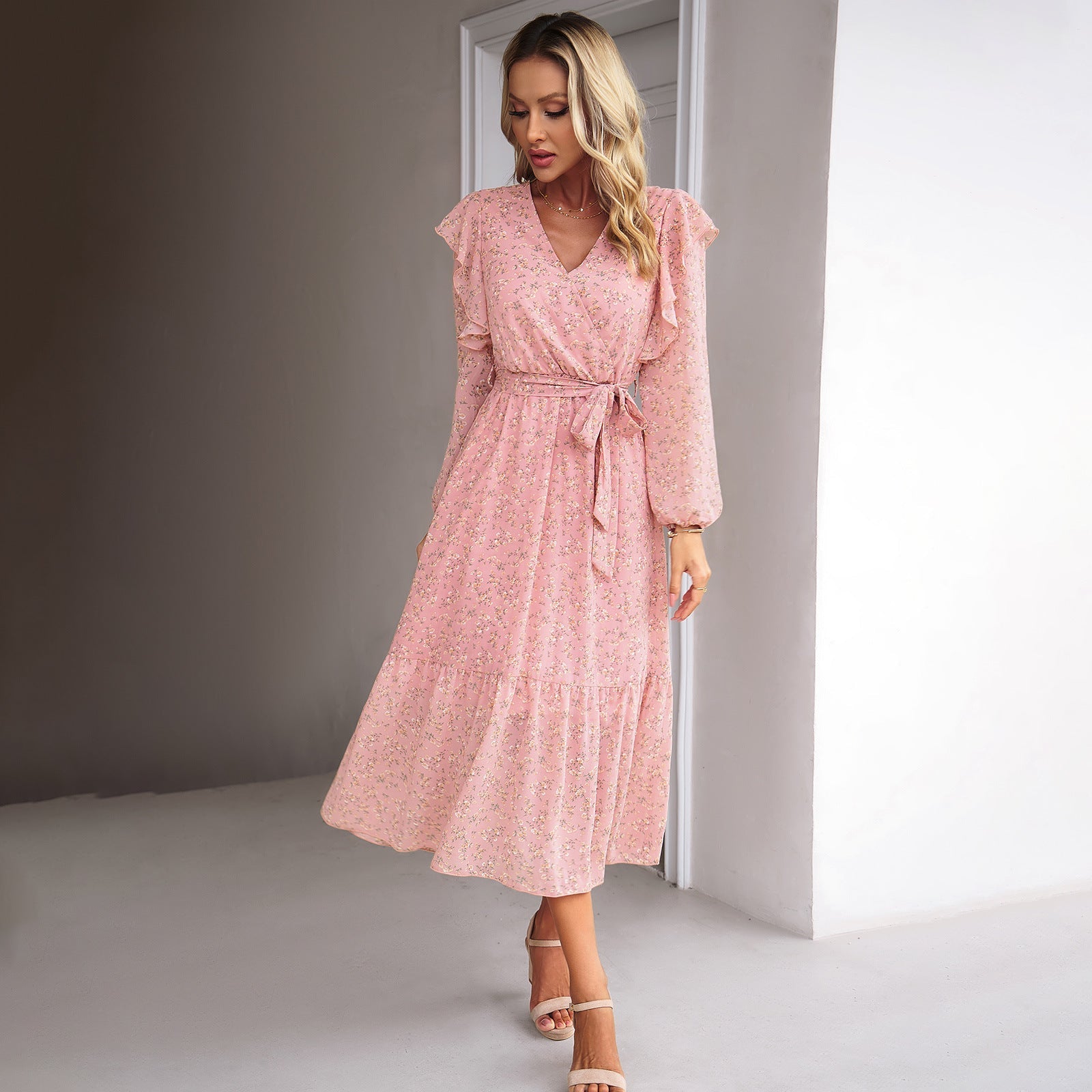 Fashion Casual Floral V-neck Long-sleeve Dress Women