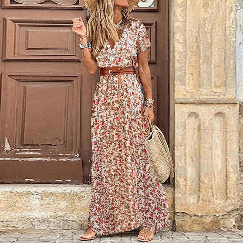 Bohemian Style Waist Trimming Printing Maxi Dress