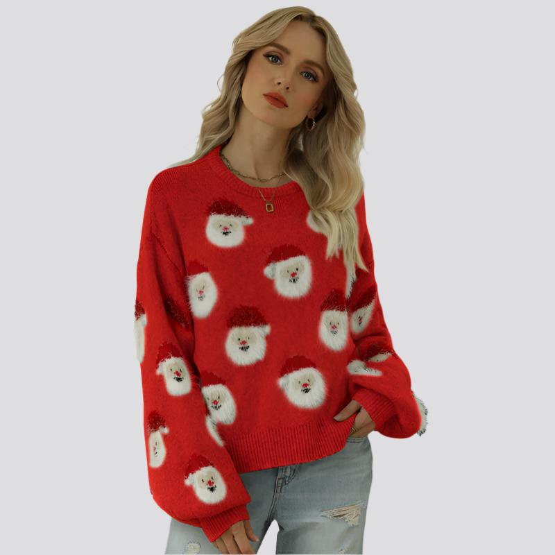 Christmas Sweater Women Cute Cartoon Santa Print Knit Sweater Winter Tops