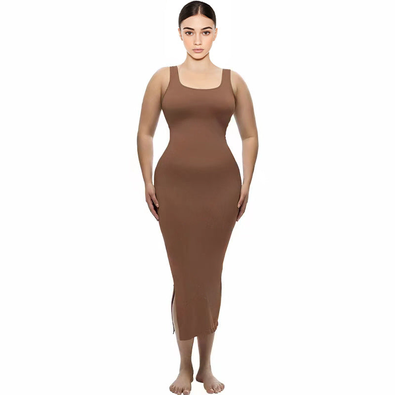 Ladies Wearing A Square Neckline Shapewear Dress On Both Sides