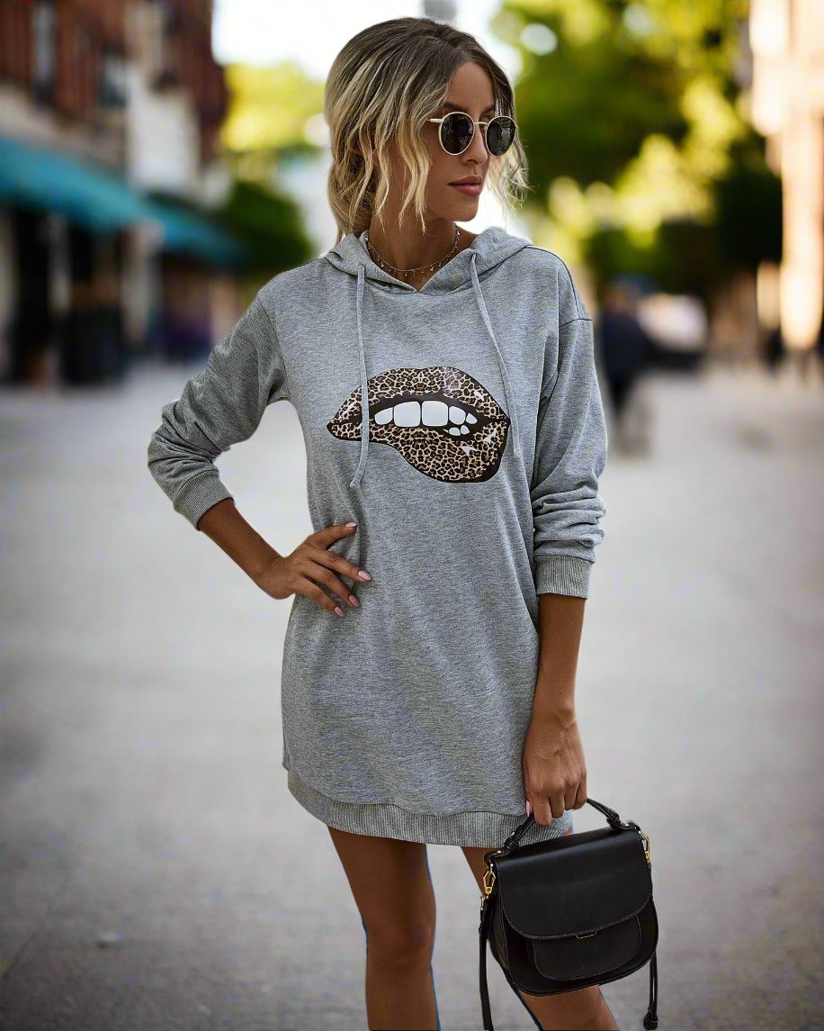 Autumn Lip Heat Transfer Mid-length Women's Hooded Sweater