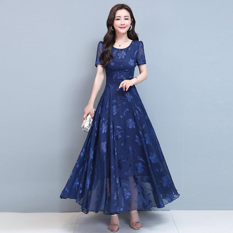 Summer Navy Print Long Dress Women Elegant Bodycon Short Sleeve Dress Chic Lady Vintage A-line Maxi Party Dresses