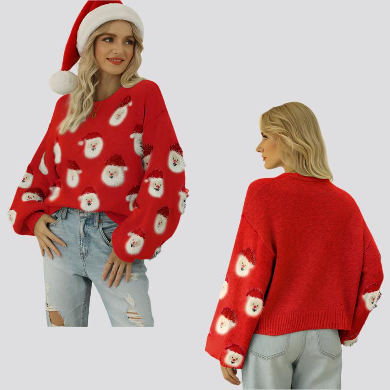 Christmas Sweater Women Cute Cartoon Santa Print Knit Sweater Winter Tops