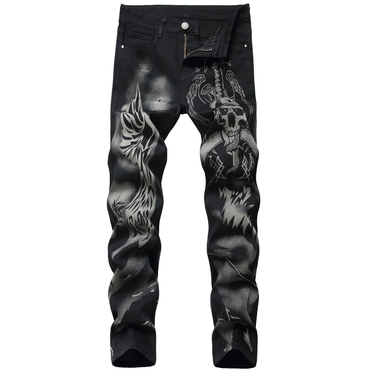 Fashion Men's Jeans Stretch Slim Fit Printed Black Trousers