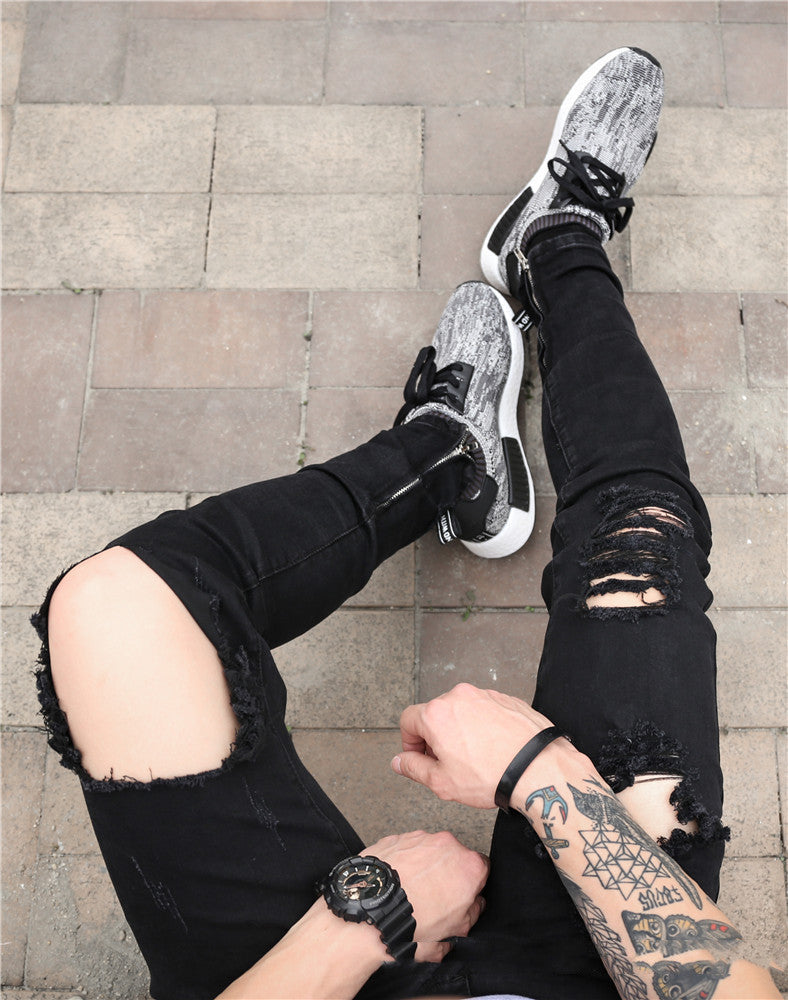 Men's Stretch Slim-fit Slit Chain Ripped Jeans