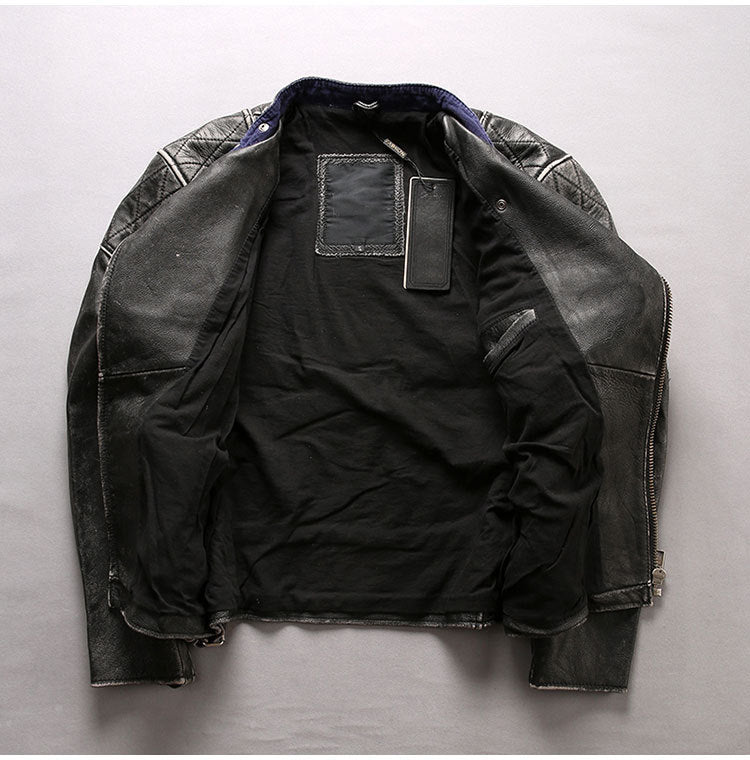 Men's Distressed Stand Collar Cropped Slim Leather Jacket