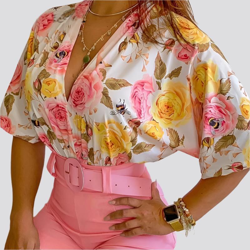 Women 2 Piece Set Spring V Neck Floral Print Half Sleeve Crop Top