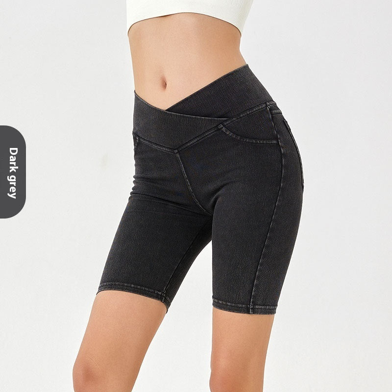 Cross High Waist Denim Shorts Women's High Elastic Sports Cycling Pants