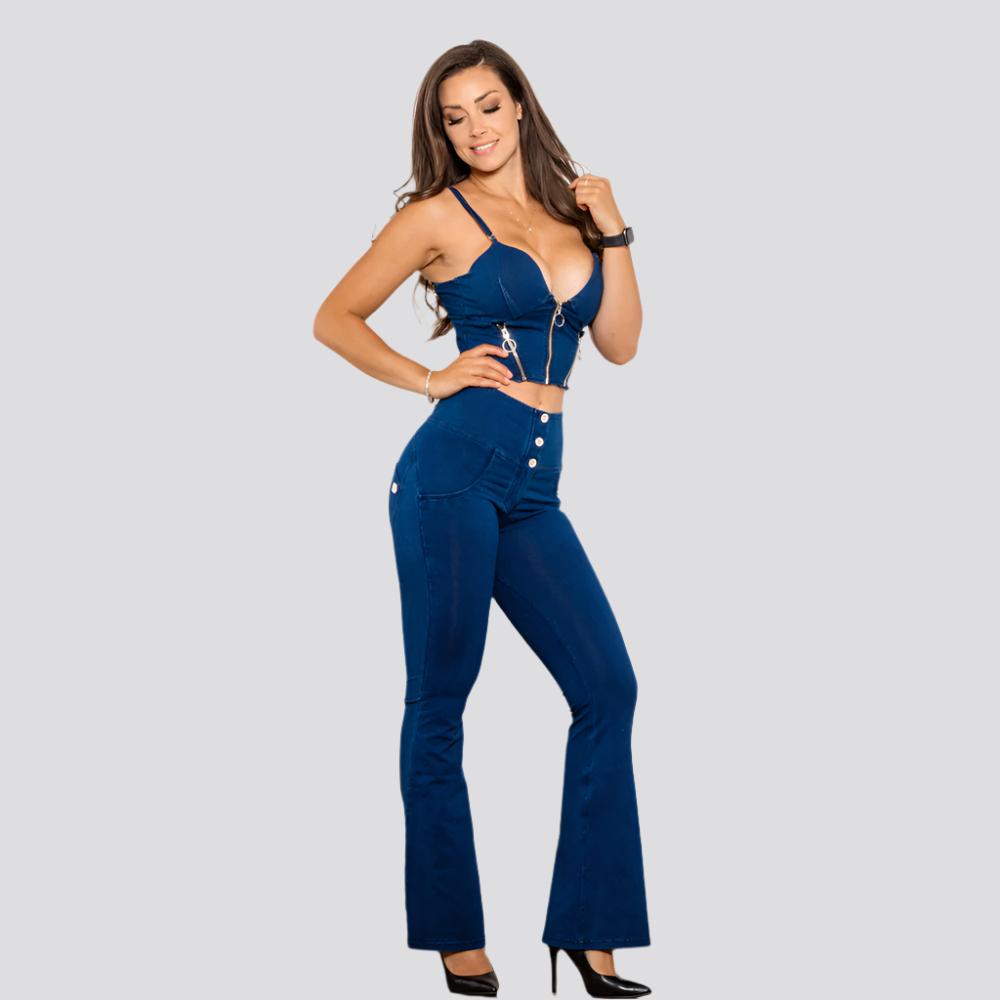 Shascullfites Shaper Set Dark Blue Flared Lift Jeggings Button Up Crop Top Sexy Club Party Set Flare Jeans Woman 2 Pieces Set