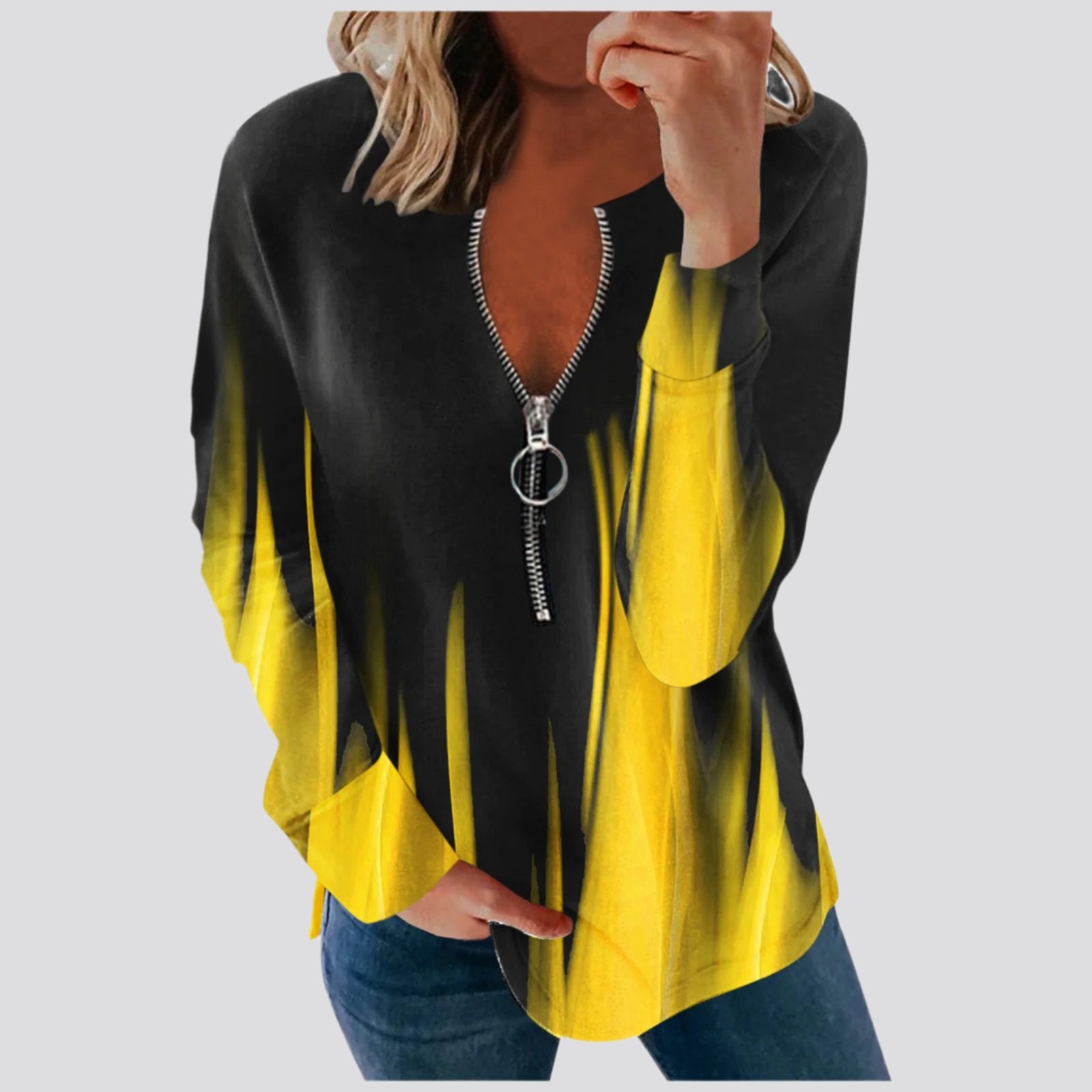 V-neck Long-sleeved Faded Flame Loose Zipper T-shirt