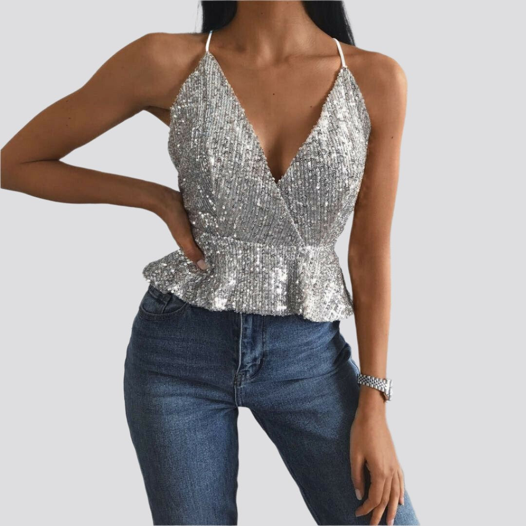 Women Sexy Luxury Sequined Crop Top Peplum Sleeveless Cropp