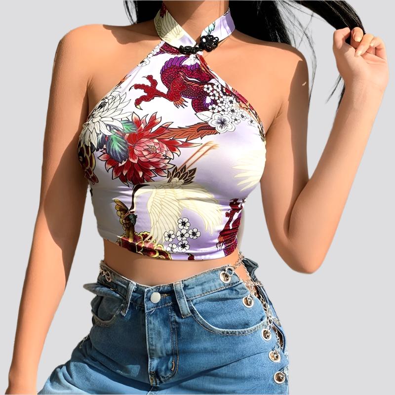 Chinoiserie Printed Halter Neck Buttoned Sexy Navel Crop Top