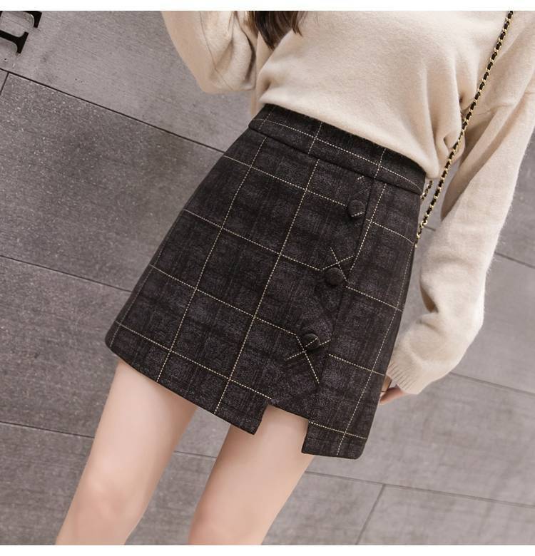 Plaid Skirt Women Irregular Woolen  Short Skirt