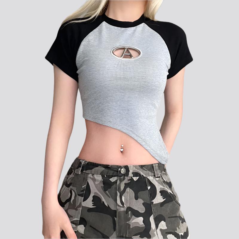 Women's Spice Slim-fit Short Color Bump Shoulder T-shirt Design Sense Asymmetrical Crop Hollow Letter Top