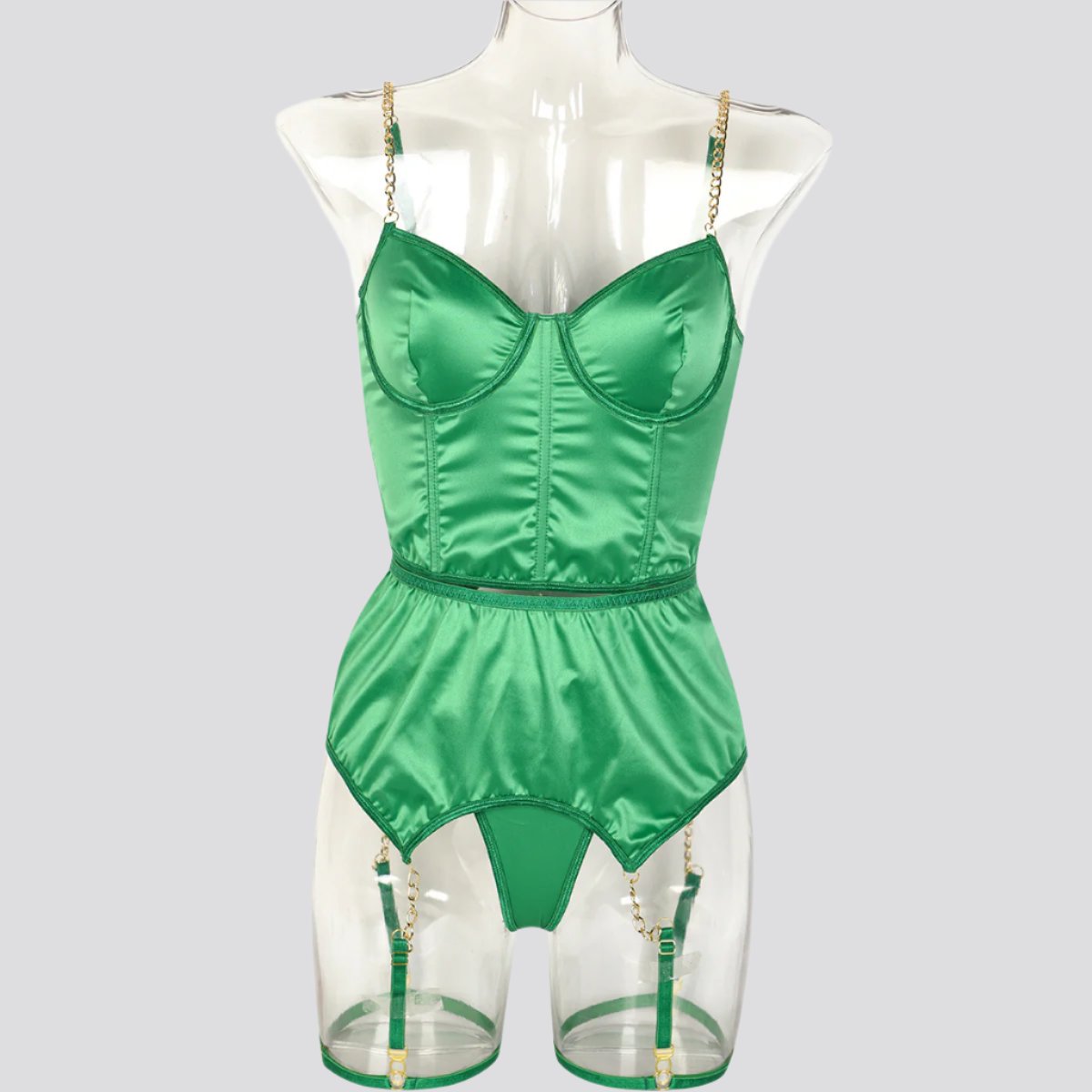 Green Satin High-end Lingerie Three-piece Set Women's Chain