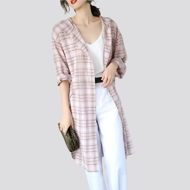 Mid-length Cotton Cardigan Fashion Plaid Loose Sunscreen Shirt