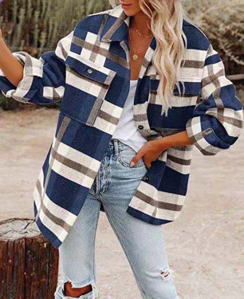 Women's Long-sleeved Loose Plaid Shirt Woolen Jacket