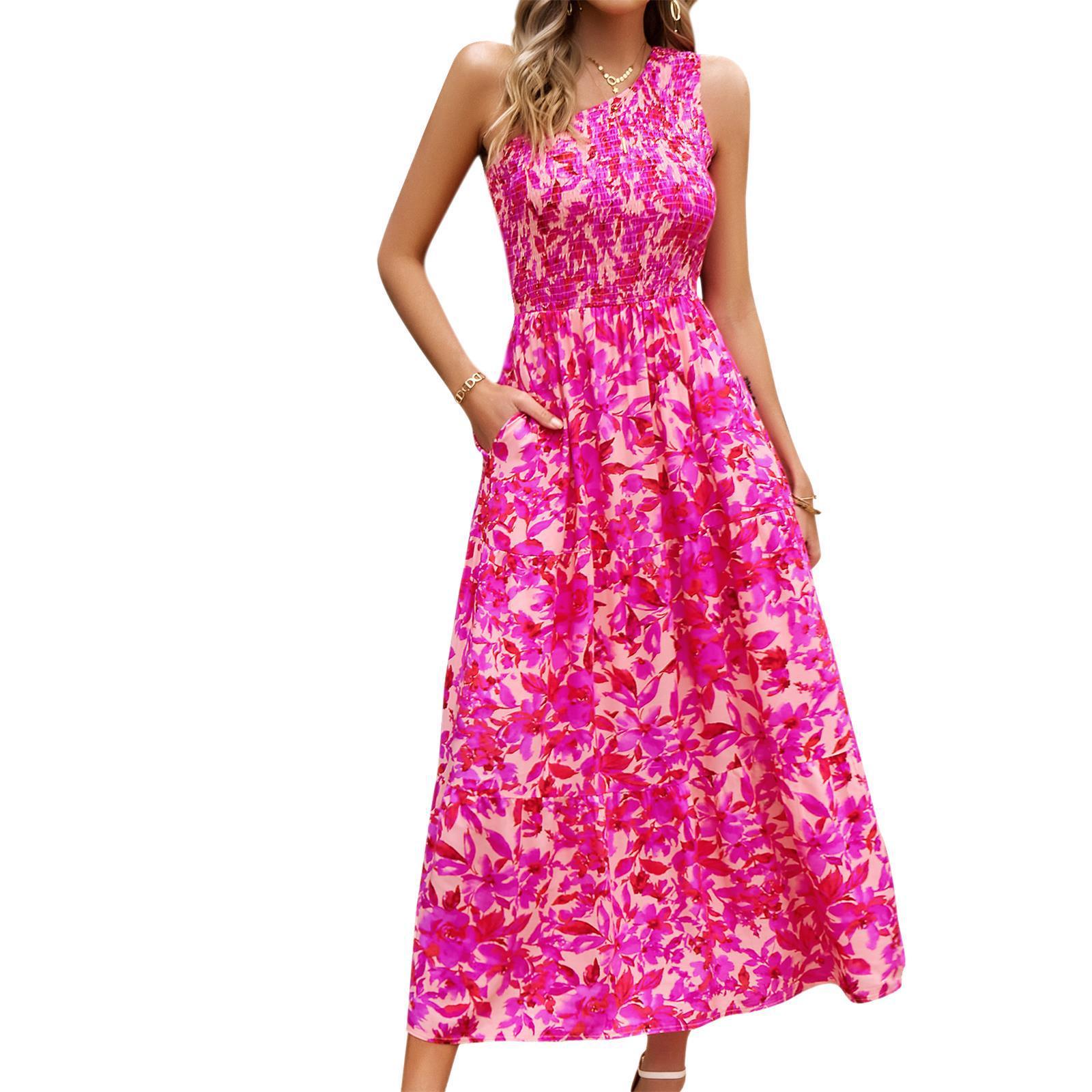 Lady Temperament Elegant Slant-shoulder Printed Maxi Dress