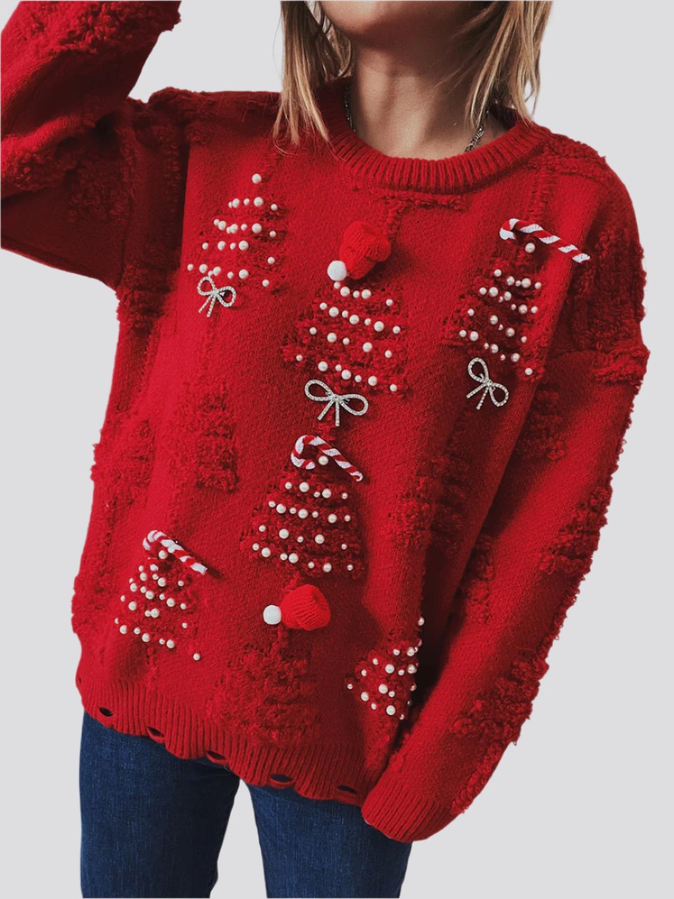 Women's Fashion Handmade Pearl Christmas Theme Sweater