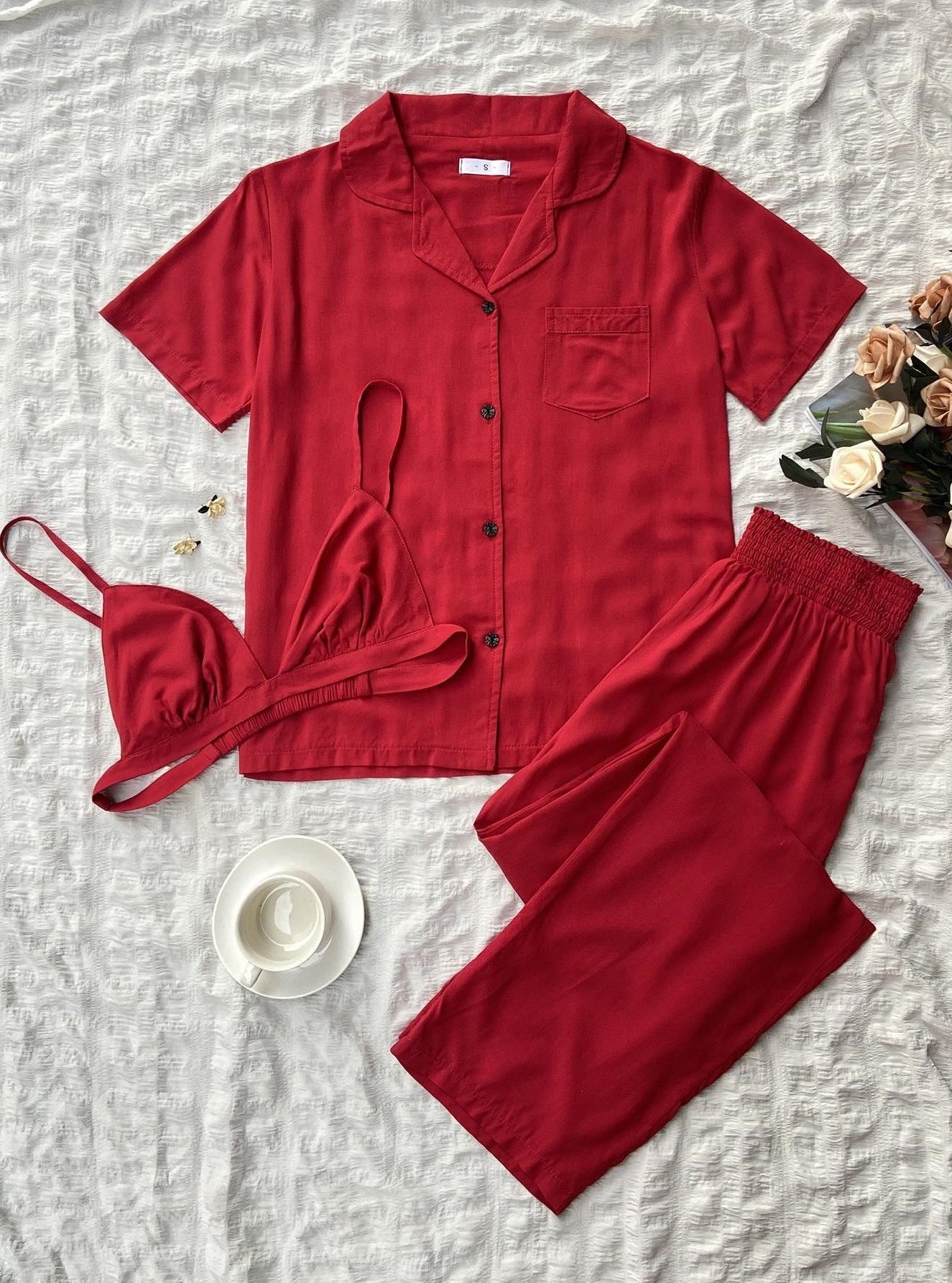 Women's Short-sleeved Cardigan Homewear Pajamas Three-piece Set