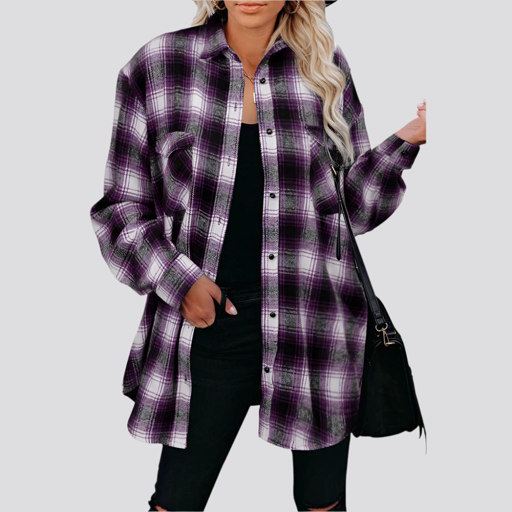 Plaid Shirt Women Spring Mid-length Loose Blouse Turndown Collar Shirt Clothing