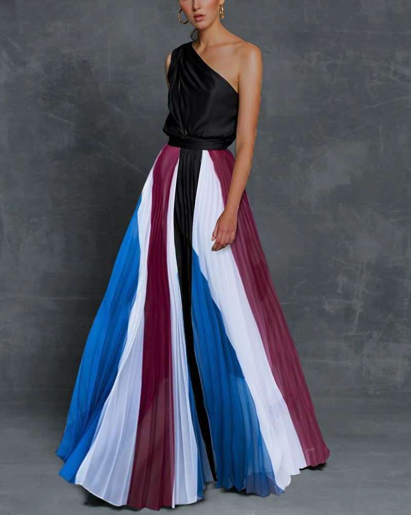 Stitching strapless contrast color maxi dress