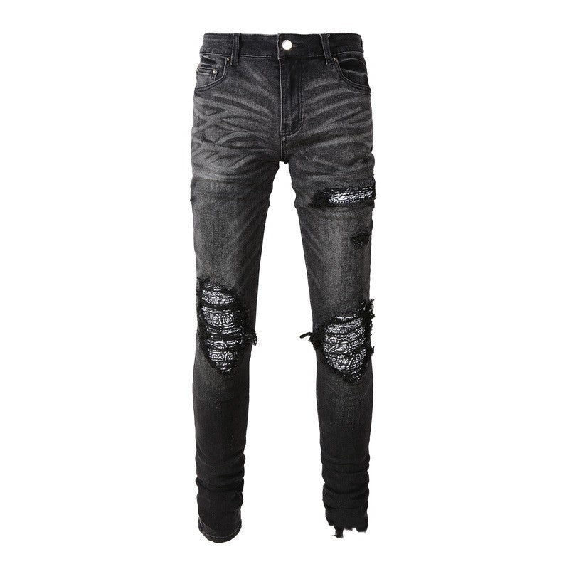 Paisley Slim Fit Skinny Pants Men's Ripped Jeans